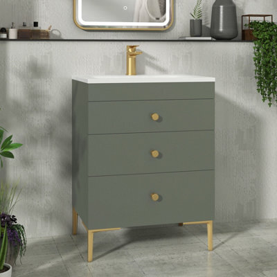 Royal Bathrooms Royal Bathroom Verona 600mm Matt Green 3-Drawer Floor Standing Bathroom Vanity Unit With Stone Basin & Brushed Brass Knob - image 1