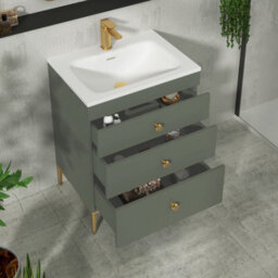 Royal Bathrooms Royal Bathroom Verona 600mm Matt Green 3-Drawer Floor Standing Bathroom Vanity Unit With Stone Basin & Brushed Brass Knob - thumbnail 5