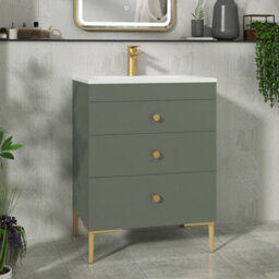 Royal Bathrooms Royal Bathroom Verona 600mm Matt Green 3-Drawer Floor Standing Bathroom Vanity Unit With Stone Basin & Brushed Brass Knob