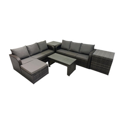 Fimous Rattan Garden Outdoor Furniture Set 3 Seater Sofa Coffee Table With Big Footstool 2 Side Tables Dark Grey Mixed - image 1