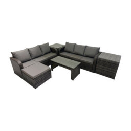 Fimous Rattan Garden Outdoor Furniture Set 3 Seater Sofa Coffee Table With Big Footstool 2 Side Tables Dark Grey Mixed - thumbnail 1