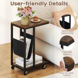 Industrial 3 Tier Sofa Couch Table W/ Storage Pouch Brown - thumbnail 3
