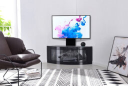"Centurion Supports Pangea Gloss Black Beam-Thru Curved True-Corner 32""-50"" Tv Cabinet With Mounting Arm" - thumbnail 1