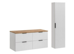 Impact Furniture Bathroom Furniture Set White Double Vanity Unit With Oak Worktop And Drawers Ribbed Wall Tall Storage Cabinet Adel - thumbnail 2