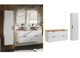 Impact Furniture Bathroom Furniture Set White Double Vanity Unit With Oak Worktop And Drawers Ribbed Wall Tall Storage Cabinet Adel - thumbnail 1