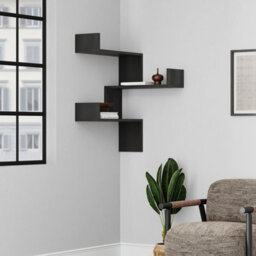 Decortie Luksa Modern Wall Shelf Bookcase Wall Mounted Corner Zigzag Design Black Wood 60Cm