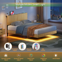 Matteo Modern Floating Double Bed With Led Ambient Lighting And Usb Charging Headboard - Natural - thumbnail 8