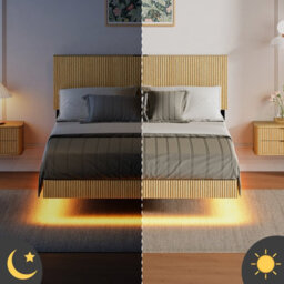 Matteo Modern Floating Double Bed With Led Ambient Lighting And Usb Charging Headboard - Natural - thumbnail 6