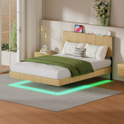 Matteo Modern Floating Double Bed With Led Ambient Lighting And Usb Charging Headboard - Natural - thumbnail 1