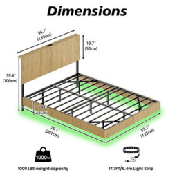 Matteo Modern Floating Double Bed With Led Ambient Lighting And Usb Charging Headboard - Natural - thumbnail 4