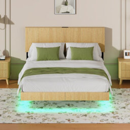 Matteo Modern Floating Double Bed With Led Ambient Lighting And Usb Charging Headboard - Natural - thumbnail 5
