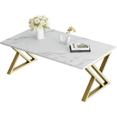 White And Gold Modern Coffee Table 39X19 Inch Rectangular With Open Storage - image 1