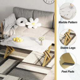 White And Gold Modern Coffee Table 39X19 Inch Rectangular With Open Storage - thumbnail 4