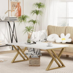 White And Gold Modern Coffee Table 39X19 Inch Rectangular With Open Storage - thumbnail 6