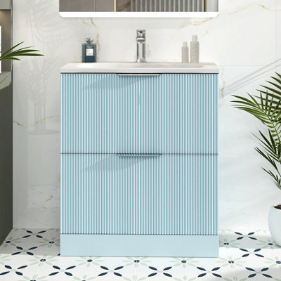 Royal Bathrooms Evora 700mm Powder Blue Fluted Floor Standing Bathroom Vanity Unit 2 Drawer Cabinet Storage With Stone Basin Sink - 1 Tap Hole - image 1