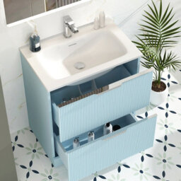 Royal Bathrooms Evora 700mm Powder Blue Fluted Floor Standing Bathroom Vanity Unit 2 Drawer Cabinet Storage With Stone Basin Sink - 1 Tap Hole - thumbnail 3