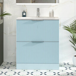 Royal Bathrooms Evora 700mm Powder Blue Fluted Floor Standing Bathroom Vanity Unit 2 Drawer Cabinet Storage With Stone Basin Sink - 1 Tap Hole