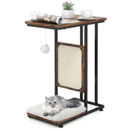 Costway C-Shaped Cat Side Table Modern Cat Tree & End Table W/ Removable Cushion