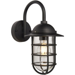 Non Automatic Caged Outdoor Wall Light - Textured Black & Glass Shade Ip44 Rated