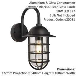 Non Automatic Caged Outdoor Wall Light - Textured Black & Glass Shade Ip44 Rated - thumbnail 2