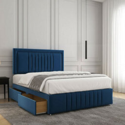 REGIONAL FURNISHINGS Blue Plush Velvet Upholstered Divan Bed Set 24Inch Headboard & Footboard & 2Drawers Sameside & No Mattress In All Sizes - thumbnail 2