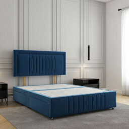 REGIONAL FURNISHINGS Blue Plush Velvet Upholstered Divan Bed Set 24Inch Headboard & Footboard & 2Drawers Sameside & No Mattress In All Sizes