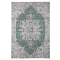 Loomed Green Vintage Medallion Anti Slip Washable Runner Rug 60X240Cm - thumbnail 1
