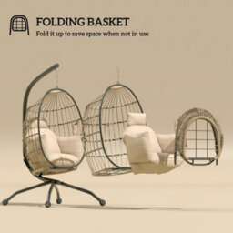 Khaki Hanging Egg Chair With Folding Basket, Outdoor Indoor - thumbnail 3