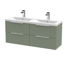Hudson Reed Fluted Wall Hung 4-Drawer Vanity And Double Ceramic Basin, Contemporary Sink Vanity Unit, Satin Green, 1200mm