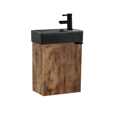Homestylestore 400mm Dark Oak Wall Hung Bathroom Vanity Unit Black Basin And Black Finger Pull Handle - image 1