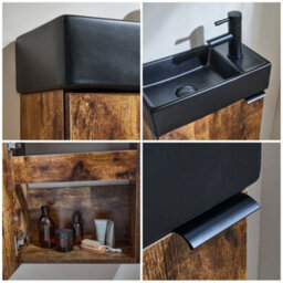 Homestylestore 400mm Dark Oak Wall Hung Bathroom Vanity Unit Black Basin And Black Finger Pull Handle - thumbnail 2