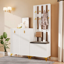 Btm Wardrobe Set With Shoe Bench And Cushion, Wardrobe Front With Hooks, Shoe Cabinet With Drawers And Doors - thumbnail 3