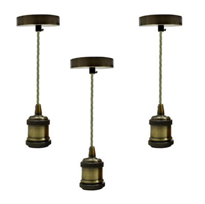 Ledsone 3 Pack Vintage E27 Pendant Light Fitting Antique Brass Metal Lamp Holder With Twisted Cable - image 1
