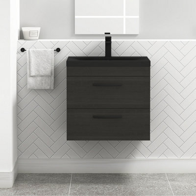 Royal Bathrooms Turin 600mm Wall Hung Vanity Unit 2 Drawer Hale Black With Black Basin & Handles - image 1