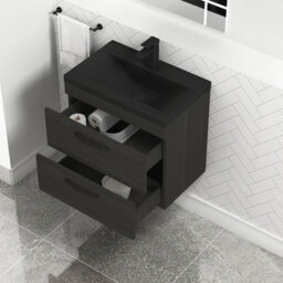 Royal Bathrooms Turin 600mm Wall Hung Vanity Unit 2 Drawer Hale Black With Black Basin & Handles - thumbnail 6