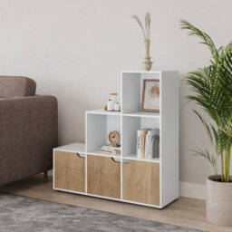 Urbnliving Height 90.5Cm 6 Cube Step Storage White Bookcase And Oak Doors For Home Office Organizer Display Shelf Unit - thumbnail 3