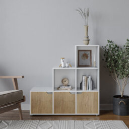 Urbnliving Height 90.5Cm 6 Cube Step Storage White Bookcase And Oak Doors For Home Office Organizer Display Shelf Unit - thumbnail 2