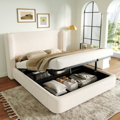 Modernluxe 6Ft Super King Bed, Ottoman Bed, (180 X 200 Cm), With Extra Thick Wingback Headboard, Bouclé, Cream White - image 1