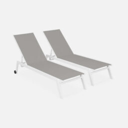 Sweeek. Pair Of Multi-Position Aluminium Sun Loungers With Wheels Elsa White 191X55X94 Cm - thumbnail 2