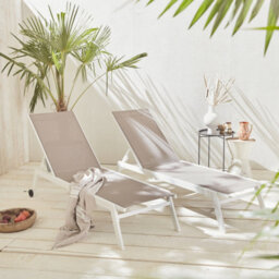Sweeek. Pair Of Multi-Position Aluminium Sun Loungers With Wheels Elsa White 191X55X94 Cm - thumbnail 1