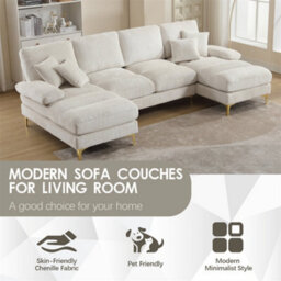 Abrihome Stylish Modular Sectional Sofa Set With Double Chaise, U-Shaped Chenille Fabric Lounge Suite For The Living Room, Beige - thumbnail 2