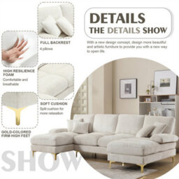 Abrihome Stylish Modular Sectional Sofa Set With Double Chaise, U-Shaped Chenille Fabric Lounge Suite For The Living Room, Beige - thumbnail 4