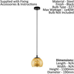 Elegant Black Pendant Ceiling Light With Gold Glass Shade, E27 Bulb Compatible - thumbnail 2