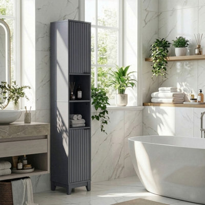 Grey Tall Bathroom Storage Cabinet Narrow Freestanding Cabinet Modern 2 Doors - image 1