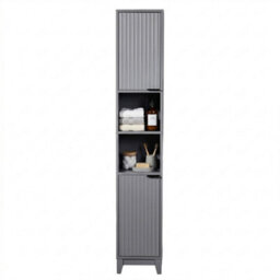 Grey Tall Bathroom Storage Cabinet Narrow Freestanding Cabinet Modern 2 Doors - thumbnail 3