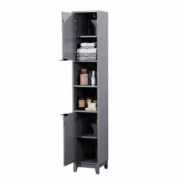 Grey Tall Bathroom Storage Cabinet Narrow Freestanding Cabinet Modern 2 Doors - thumbnail 2