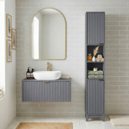Grey Tall Bathroom Storage Cabinet Narrow Freestanding Cabinet Modern 2 Doors - thumbnail 4