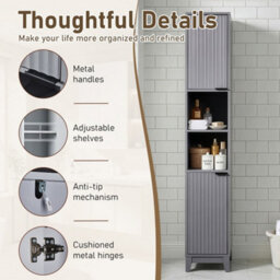 Grey Tall Bathroom Storage Cabinet Narrow Freestanding Cabinet Modern 2 Doors - thumbnail 6