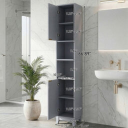 Grey Tall Bathroom Storage Cabinet Narrow Freestanding Cabinet Modern 2 Doors - thumbnail 5