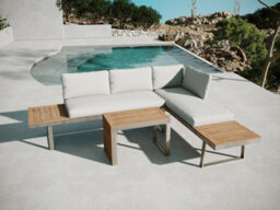 Beige 4 Seater Aluminium Metal Sofa Set/ Loungers With Brown Pollywood Coffee Table Multi Use Modular With Beige Cushions
